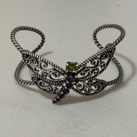 Vintage Carolyn Pollack Dragonfly Amethyst & Peridot Sterling Cuff Bracelet - Picture 5 of 7